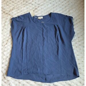 Melloday Womens Navy Blue Roll Tab Short Sleeve Pocket Blouse Large NWT